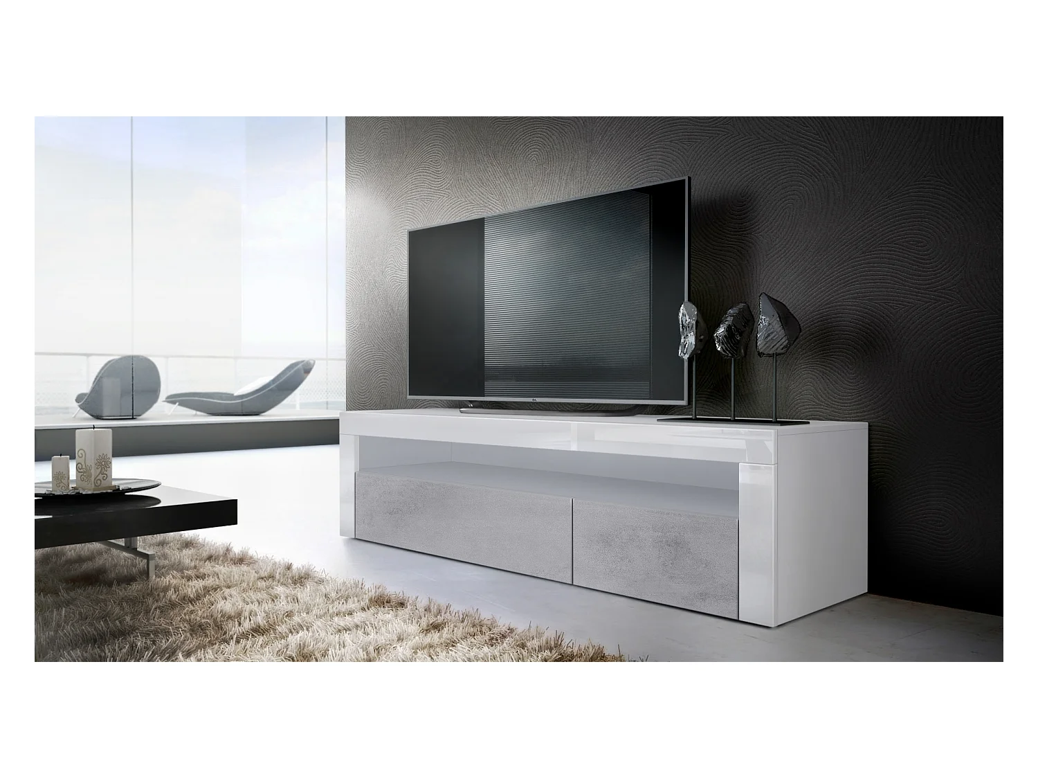 Buffet bas Valencia, Meuble TV avec 1 compartiment ouvert et 2 clapets, Blanc mat/aspect béton oxyde/blanc haute brillance (155 x 46 x 40 cm)