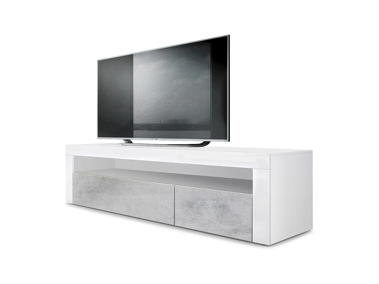 Buffet bas Valencia, Meuble TV avec 1 compartiment ouvert et 2 clapets, Blanc mat/aspect béton oxyde/blanc haute brillance (155 x 46 x 40 cm)