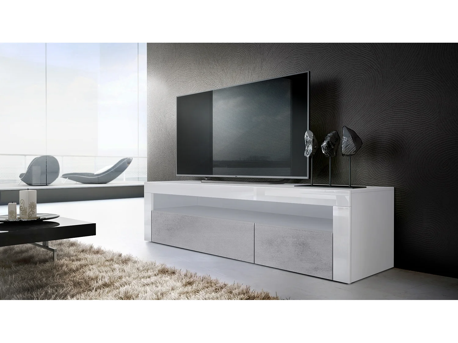 Buffet bas Valencia, Meuble TV avec 1 compartiment ouvert et 2 clapets, Blanc mat/aspect béton oxyde/blanc haute brillance (155 x 46 x 40 cm)