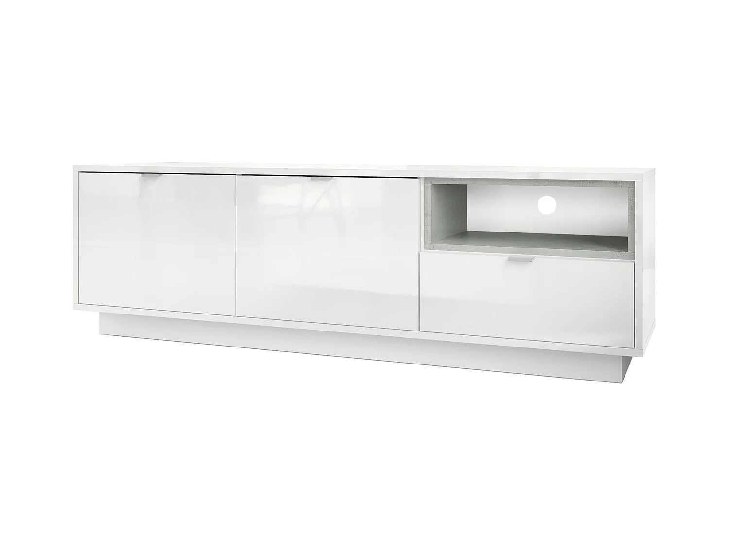 Meuble TV Armoire Metro, Corps en Blanc haute brillance / Façades en Blanc haute brillance avec une insertion en Aspect Béton Oxyde