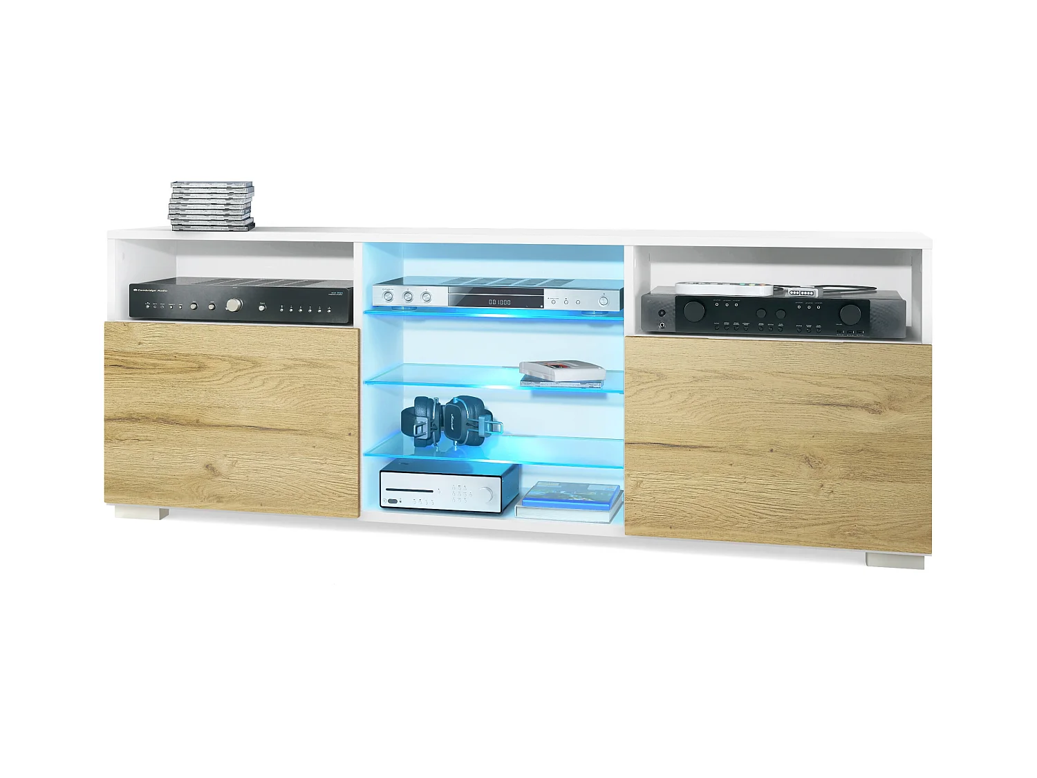 Meuble TV Granada, Lowboard avec 2 portes et 6 compartiments ouverts, corps blanc mat, façades en chêne nature avec éclairage LED RVB (146 x 54 x 35 cm)