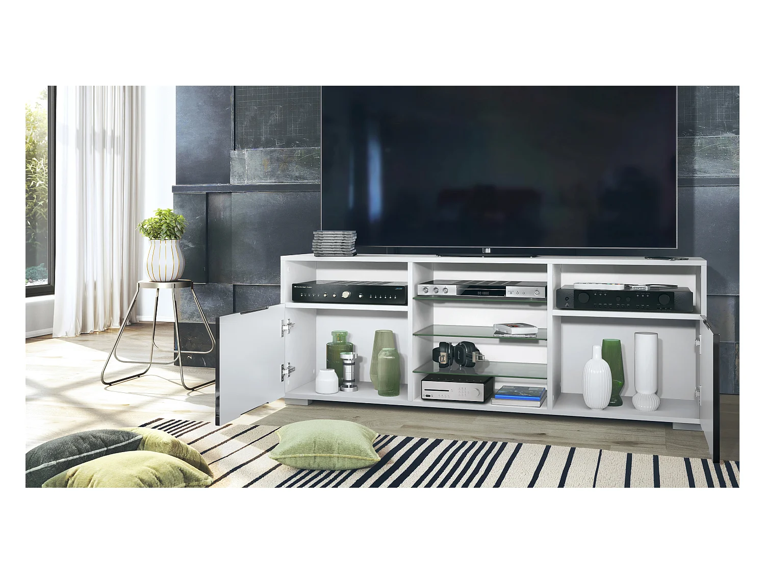 Meuble TV Granada, Lowboard avec 2 portes et 6 compartiments ouverts, corps blanc mat, façades en chêne nature avec éclairage LED RVB (146 x 54 x 35 cm)