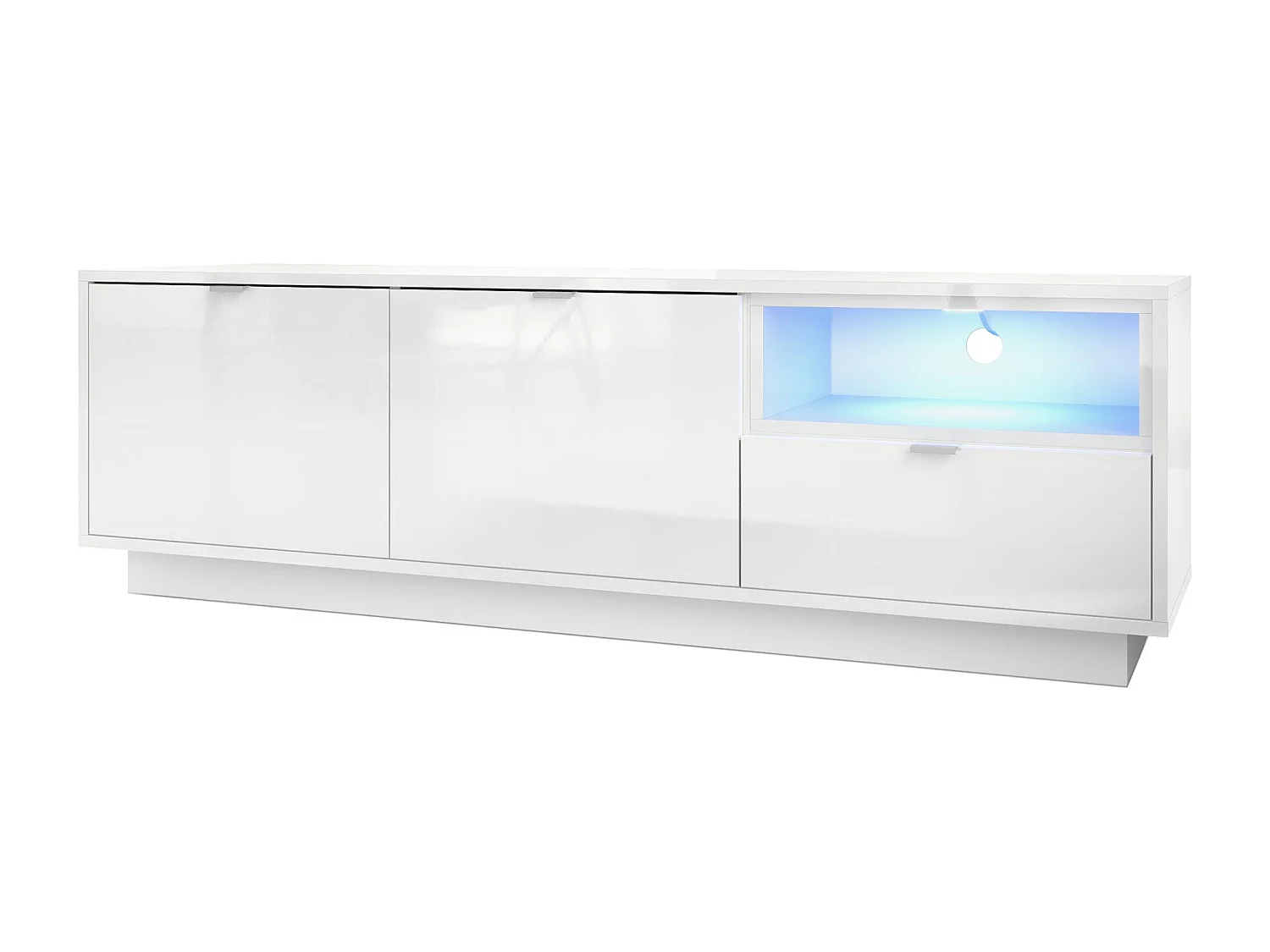 Meuble TV Armoire Metro, Corps en Blanc haute brillance / Façades en Blanc haute brillance avec une insertion en Blanc haute brillance, incl. L'éclairage LED