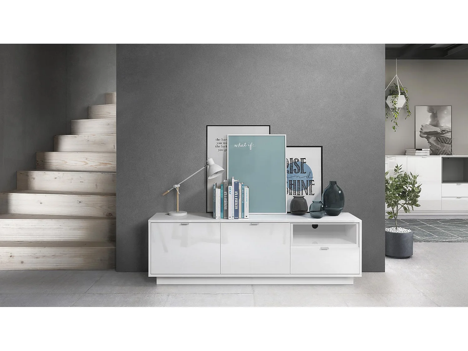 Meuble TV Armoire Metro, Corps en Blanc haute brillance / Façades en Blanc haute brillance avec une insertion en Blanc haute brillance, incl. L'éclairage LED
