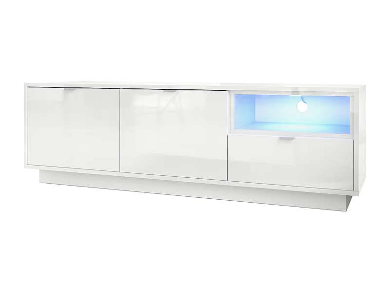 Meuble TV Armoire Metro, Corps en Blanc haute brillance / Façades en Blanc haute brillance avec une insertion en Blanc haute brillance, incl. L'éclairage LED