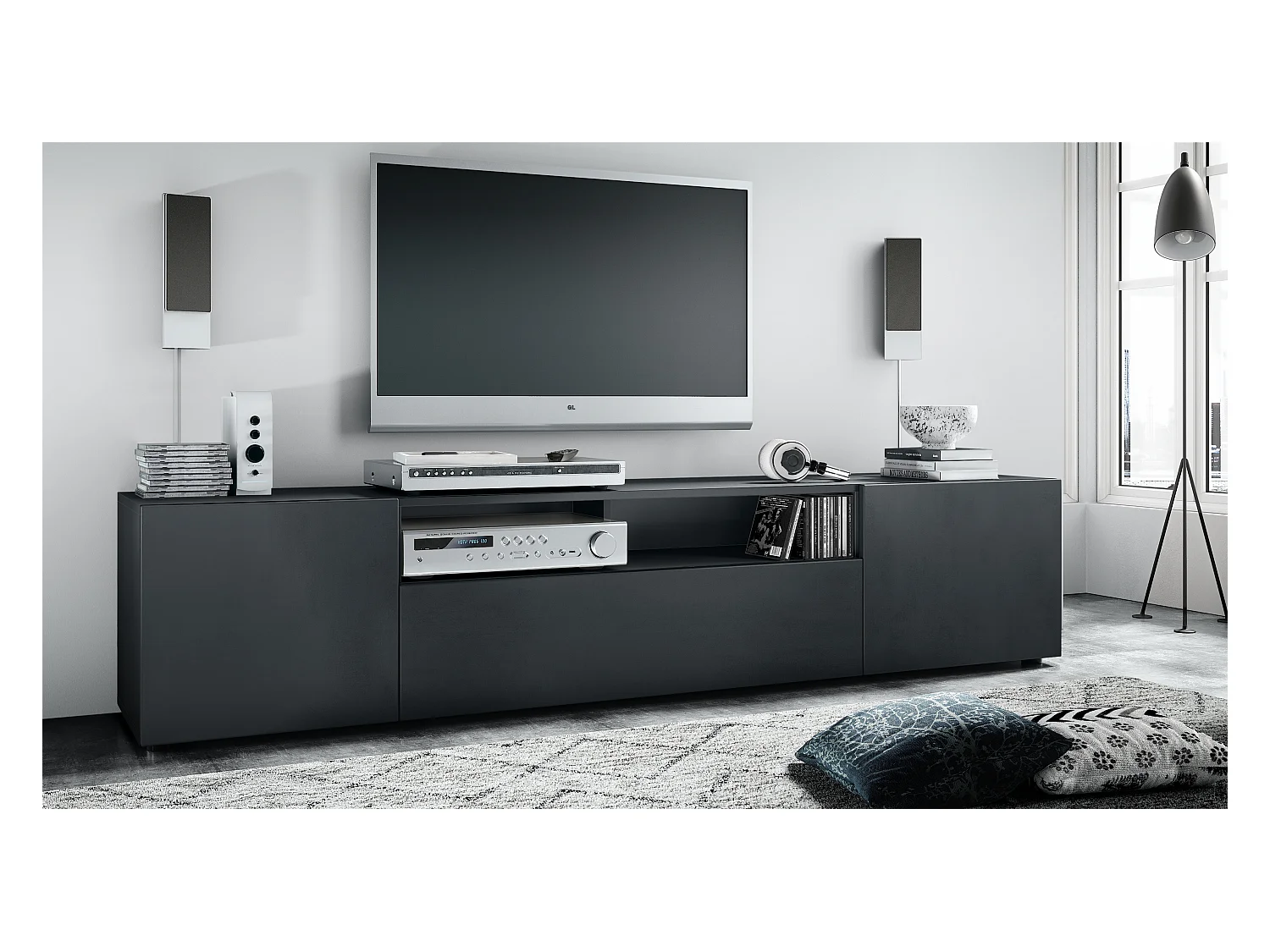 Buffet bas Mogan, Meuble TV avec 2 portes, 1 clapet et 1 compartiment ouvert, Noir mat/Noir mat (181 x 39 x 35 cm)