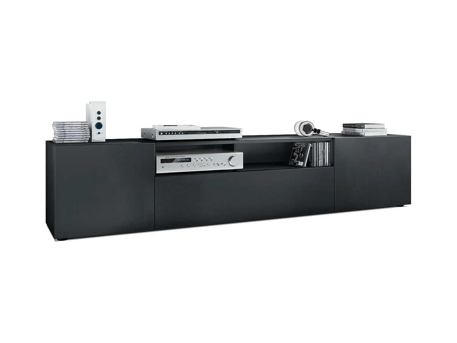 Buffet bas Mogan, Meuble TV avec 2 portes, 1 clapet et 1 compartiment ouvert, Noir mat/Noir mat (181 x 39 x 35 cm)