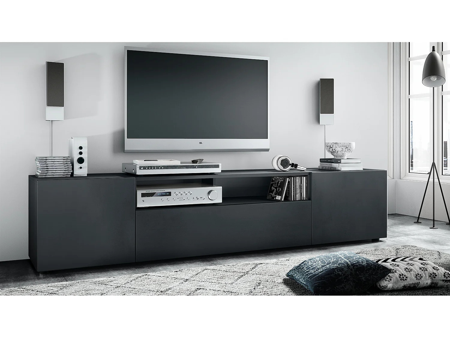 Buffet bas Mogan, Meuble TV avec 2 portes, 1 clapet et 1 compartiment ouvert, Noir mat/Noir mat (181 x 39 x 35 cm)
