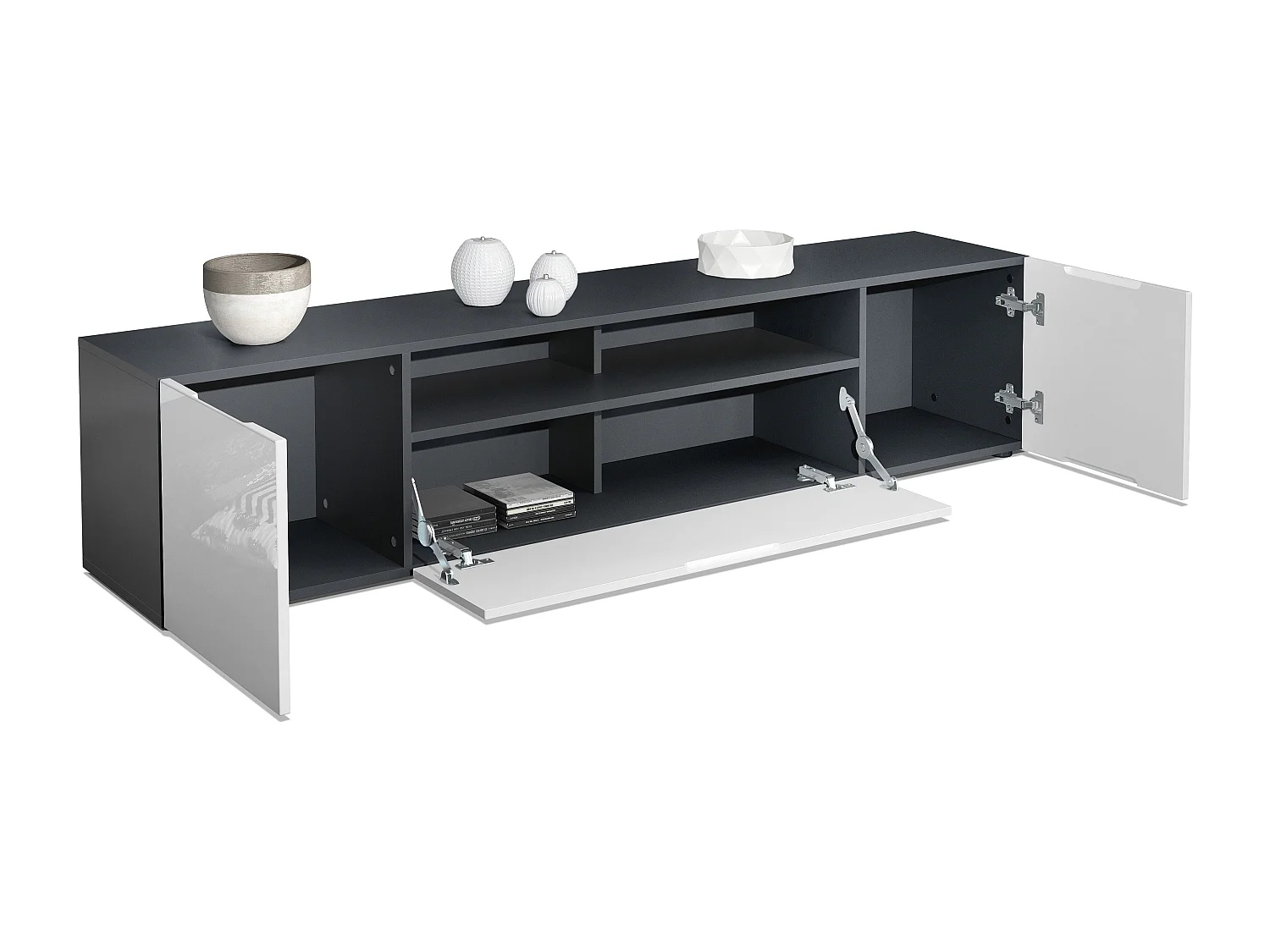 Buffet bas Mogan, Meuble TV avec 2 portes, 1 clapet et 1 compartiment ouvert, Noir mat/Noir mat (181 x 39 x 35 cm)