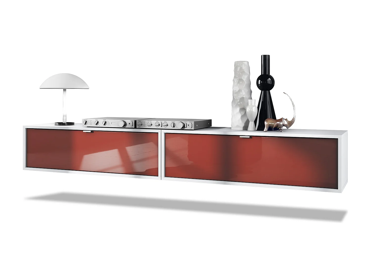 Ensemble de 2 set meuble TV Lana 100, lowboards de 100 x 29 x 37 cm chacun avec beaucoup d'espace de rangement, caisson en Blanc mat, façades en Bordeaux brillant