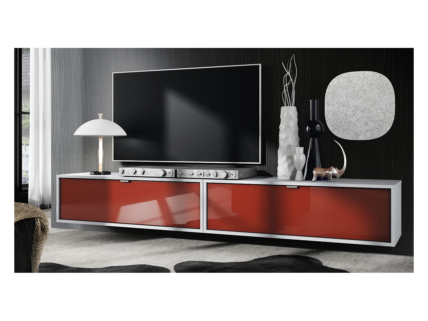 Ensemble de 2 set meuble TV Lana 100, lowboards de 100 x 29 x 37 cm chacun avec beaucoup d'espace de rangement, caisson en Blanc mat, façades en Bordeaux brillant
