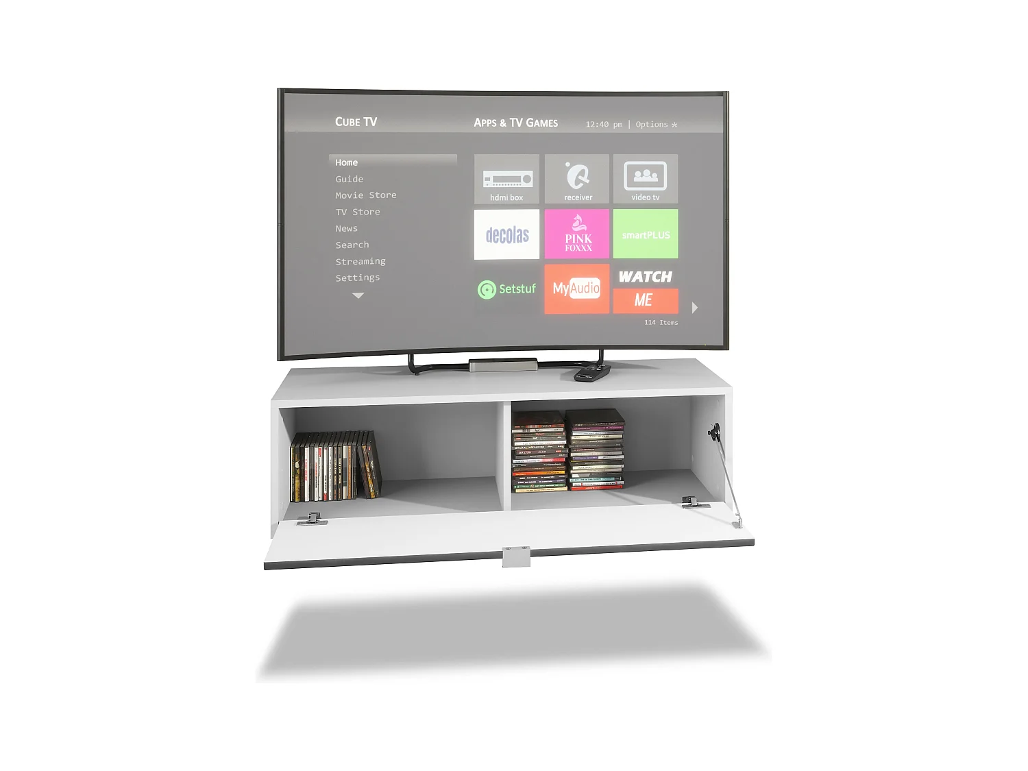 Ensemble de 2 set meuble TV Lana 100, lowboards de 100 x 29 x 37 cm chacun avec beaucoup d'espace de rangement, caisson en Blanc mat, façades en Bordeaux brillant