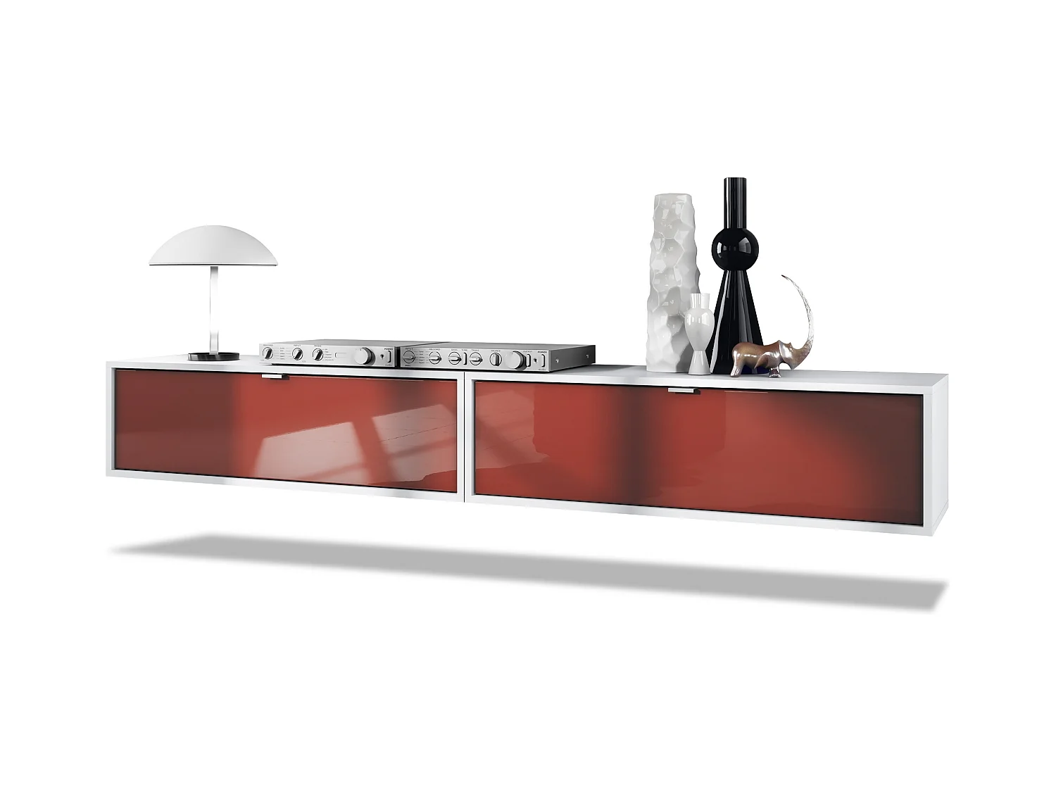 Ensemble de 2 set meuble TV Lana 100, lowboards de 100 x 29 x 37 cm chacun avec beaucoup d'espace de rangement, caisson en Blanc mat, façades en Bordeaux brillant