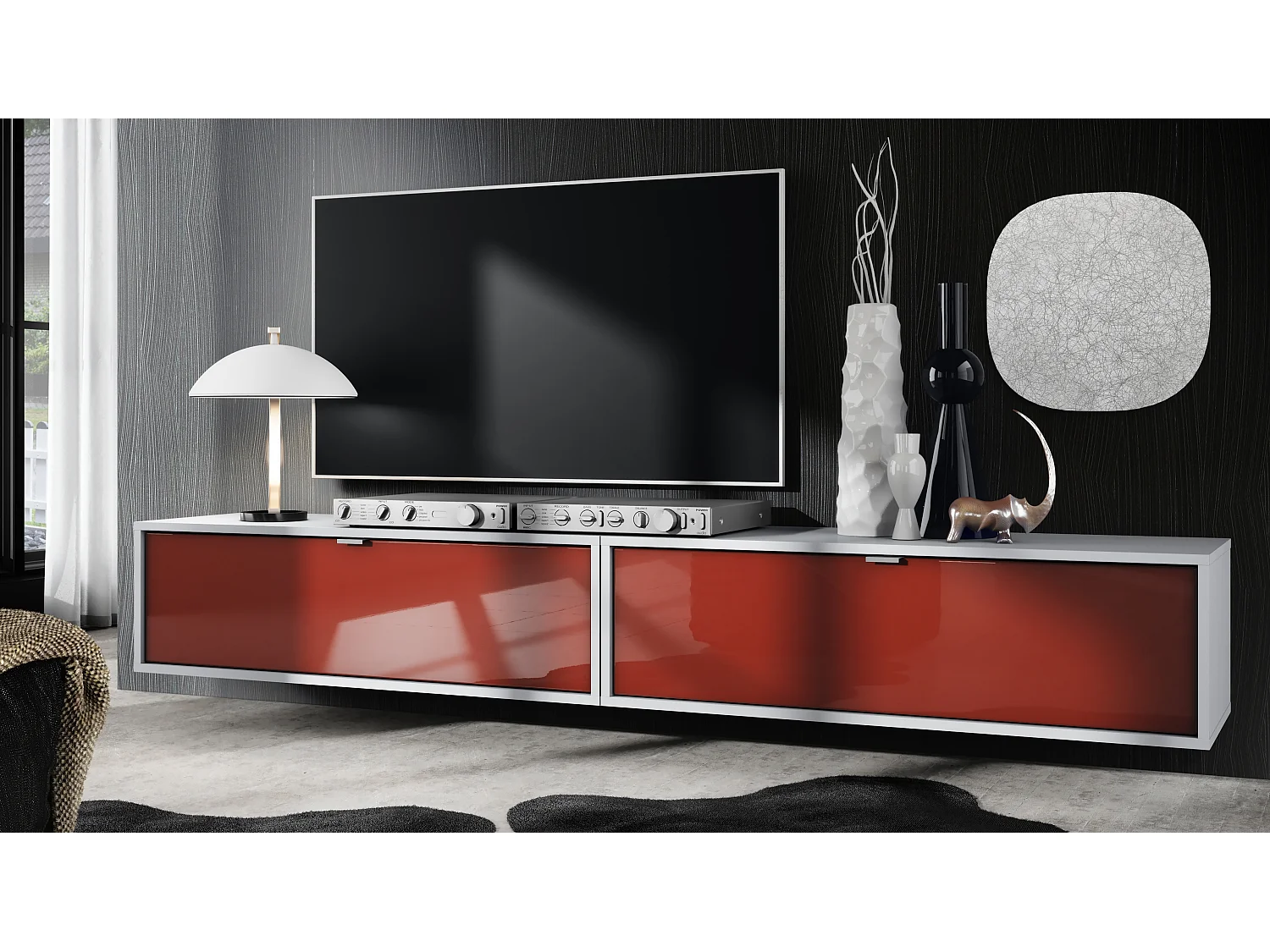 Set di mobili porta TV Lana 100, ciascuno di 100 x 29 x 37 cm, struttura in bianco opaco, frontali in Bordeaux High Gloss | Ampia scelta di colori