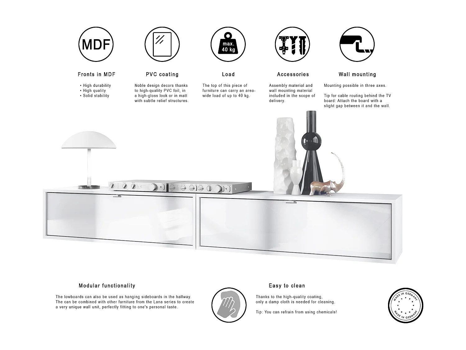 Set di mobili porta TV Lana 100, ciascuno di 100 x 29 x 37 cm, struttura in bianco opaco, frontali in Bordeaux High Gloss | Ampia scelta di colori