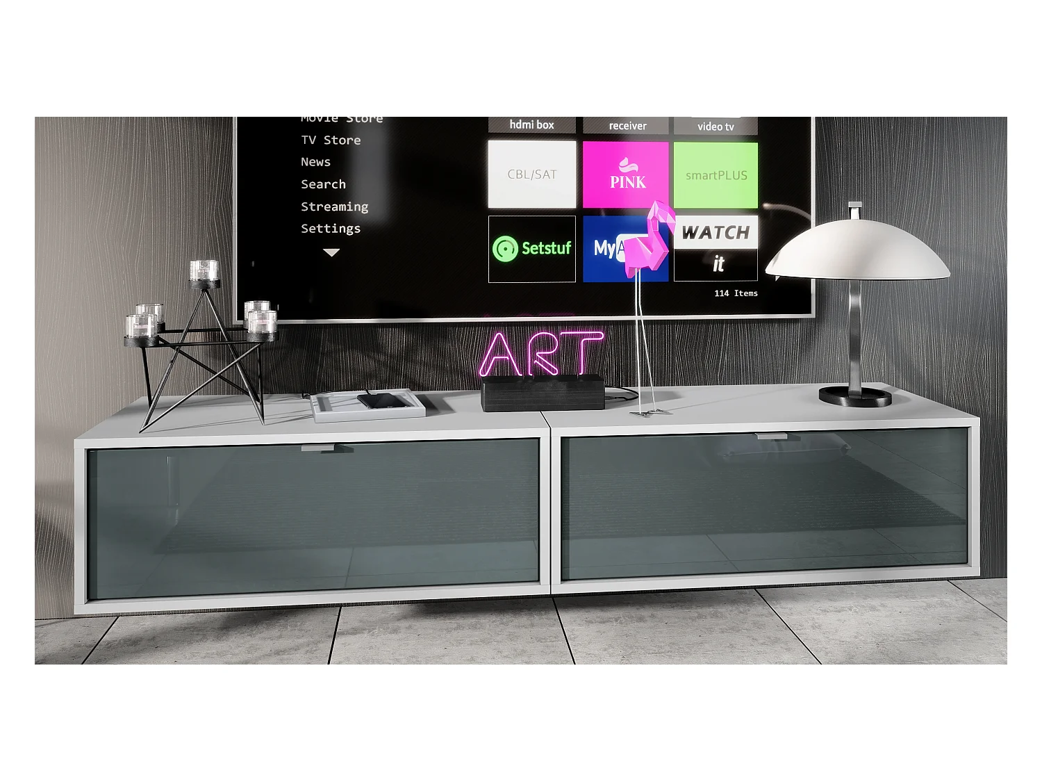 Ensemble de 2 set meuble TV Lana 80, lowboards de 80 x 29 x 37 cm chacun avec beaucoup d'espace de rangement, caisson en Blanc mat, façades en Gris haute brillance