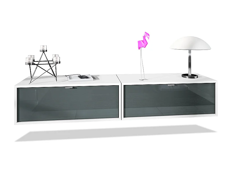 Ensemble de 2 set meuble TV Lana 80, lowboards de 80 x 29 x 37 cm chacun avec beaucoup d'espace de rangement, caisson en Blanc mat, façades en Gris haute brillance