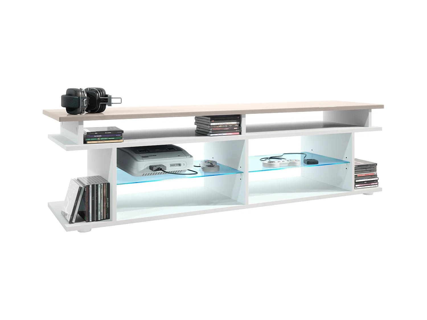 TV Board Movie V3 Game On 138,5 x 39 x 37,5 cm éclairage LED inclus Blanc, caisson en blanc mat, élément supérieur en gris sable haute brillance