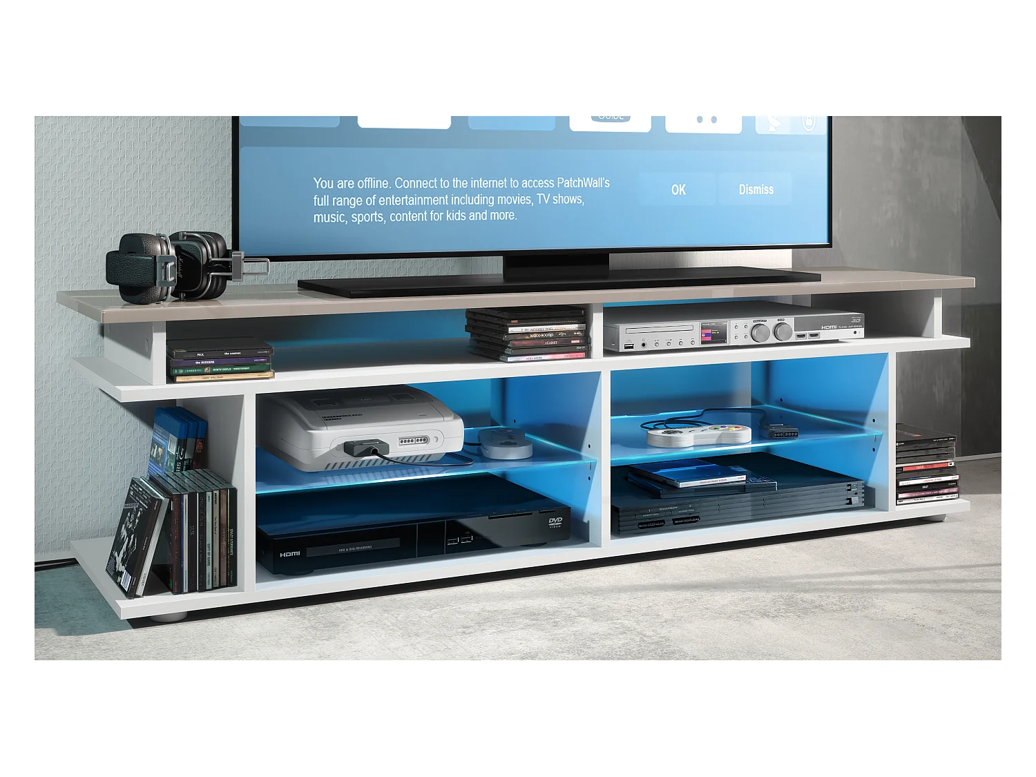 TV Board Movie V3 Game On 138,5 x 39 x 37,5 cm éclairage LED inclus Blanc, caisson en blanc mat, élément supérieur en gris sable haute brillance