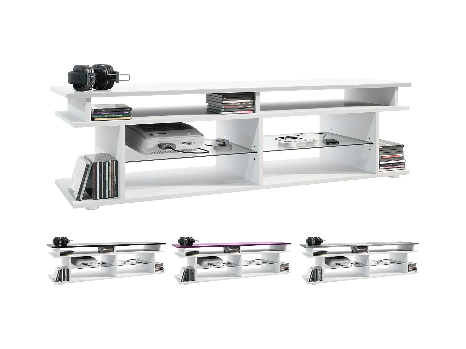 TV Board Movie V3 Game On 138,5 x 39 x 37,5 cm éclairage LED inclus Blanc, caisson en blanc mat, élément supérieur en gris sable haute brillance