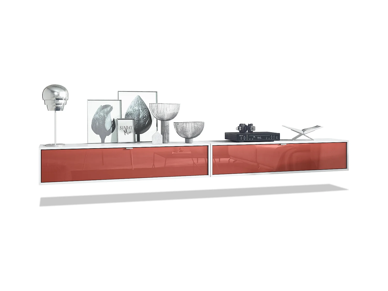 Ensemble de 2 set meuble TV Lana 140, lowboards de 140 x 29 x 37 cm chacun avec beaucoup d'espace de rangement, caisson en Blanc mat, façades en Bordeaux brillant