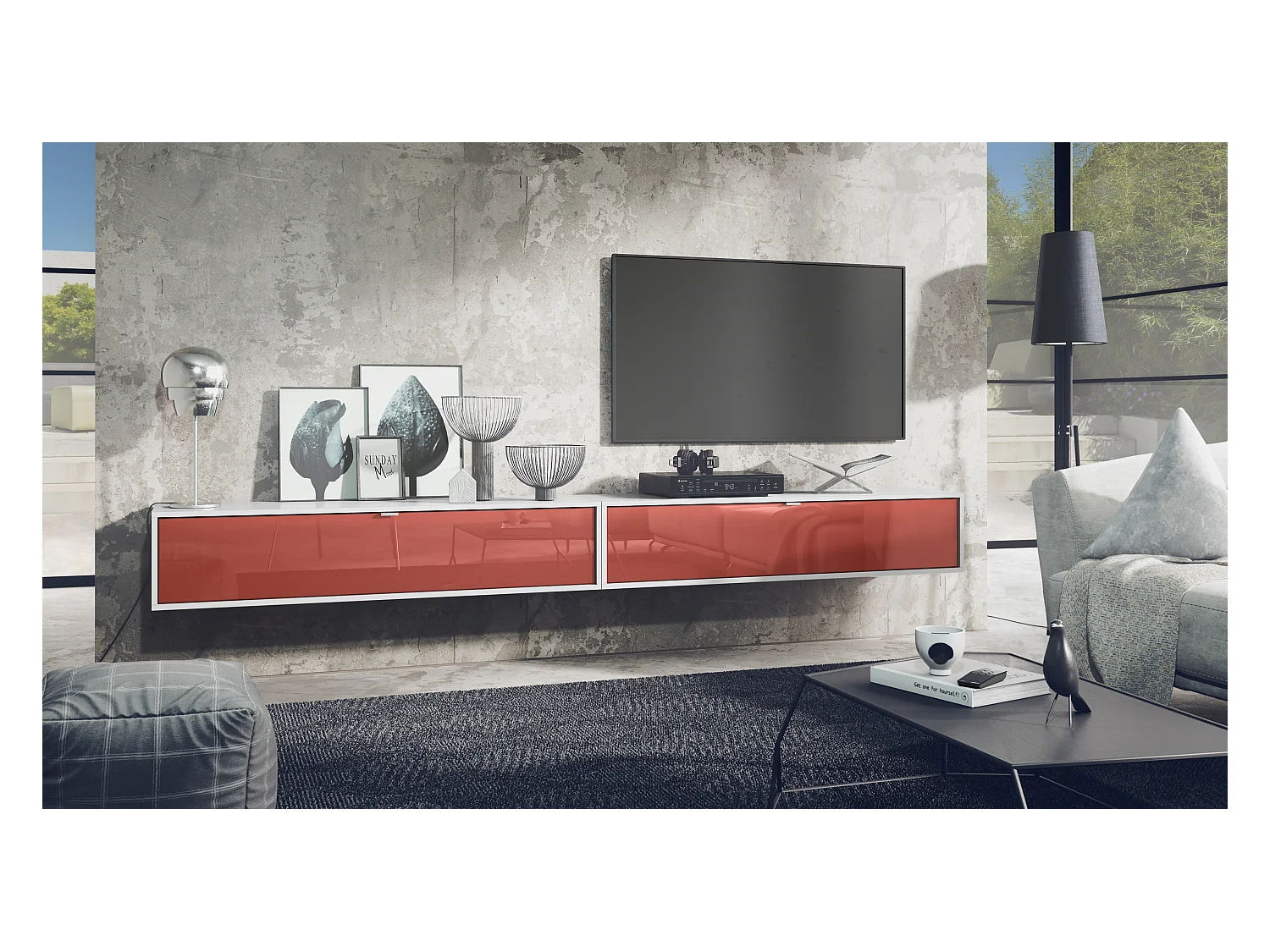 Ensemble de 2 set meuble TV Lana 140, lowboards de 140 x 29 x 37 cm chacun avec beaucoup d'espace de rangement, caisson en Blanc mat, façades en Bordeaux brillant