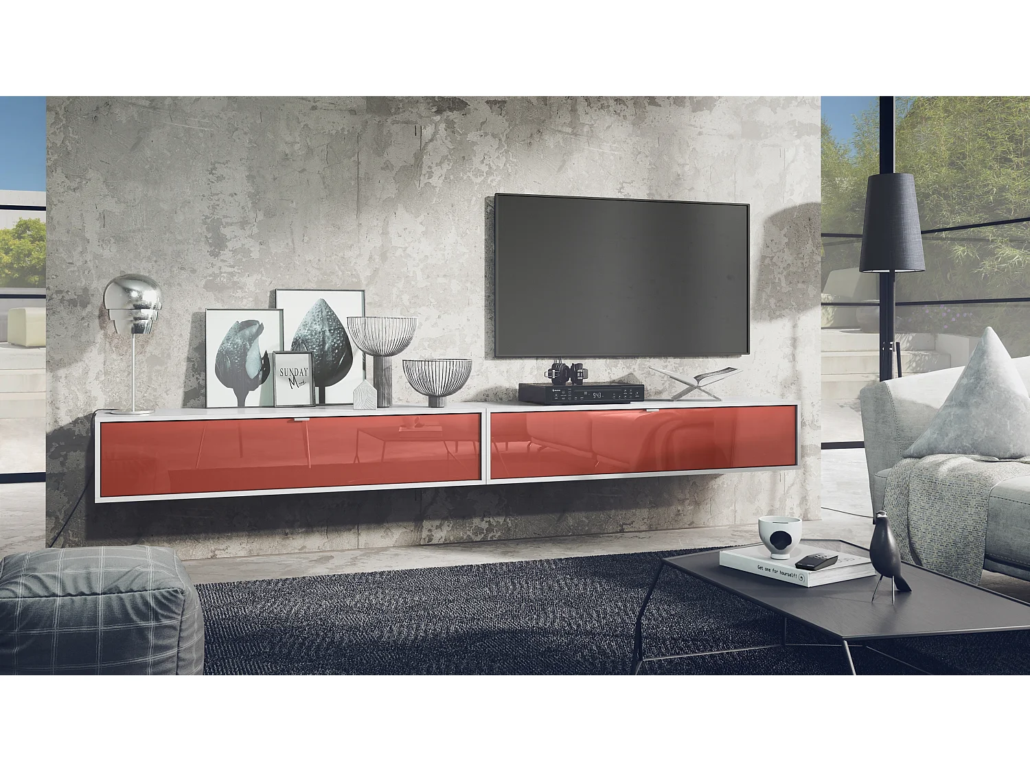 Set di mobili TV Lana 140 a parete Porta TV 140 x 29 x 37 cm ciascuno, struttura in bianco opaco, frontali in Bordeaux High Gloss | Ampia scelta di colori