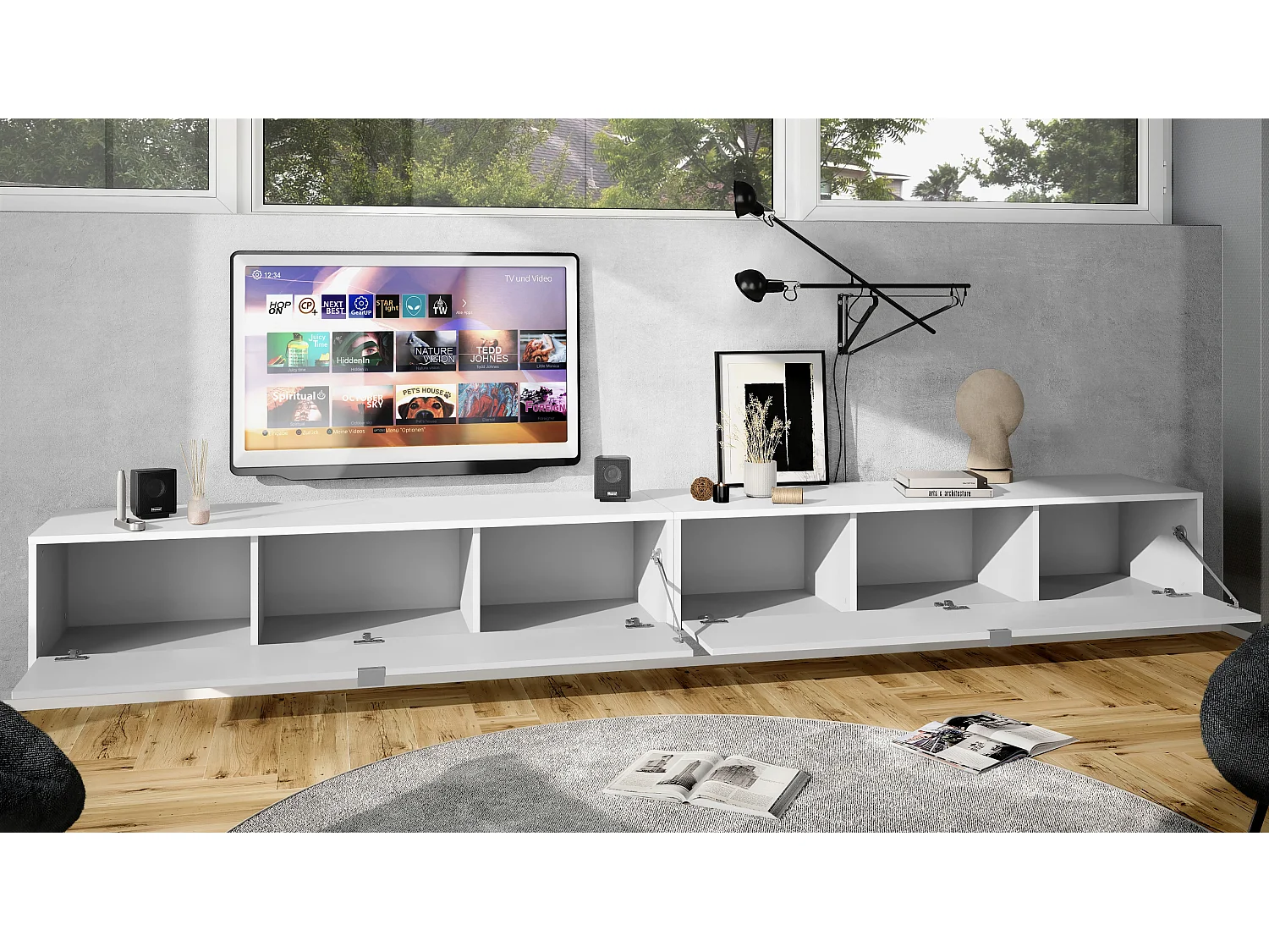 Set di mobili TV Lana 140 a parete Porta TV 140 x 29 x 37 cm ciascuno, struttura in bianco opaco, frontali in Bordeaux High Gloss | Ampia scelta di colori