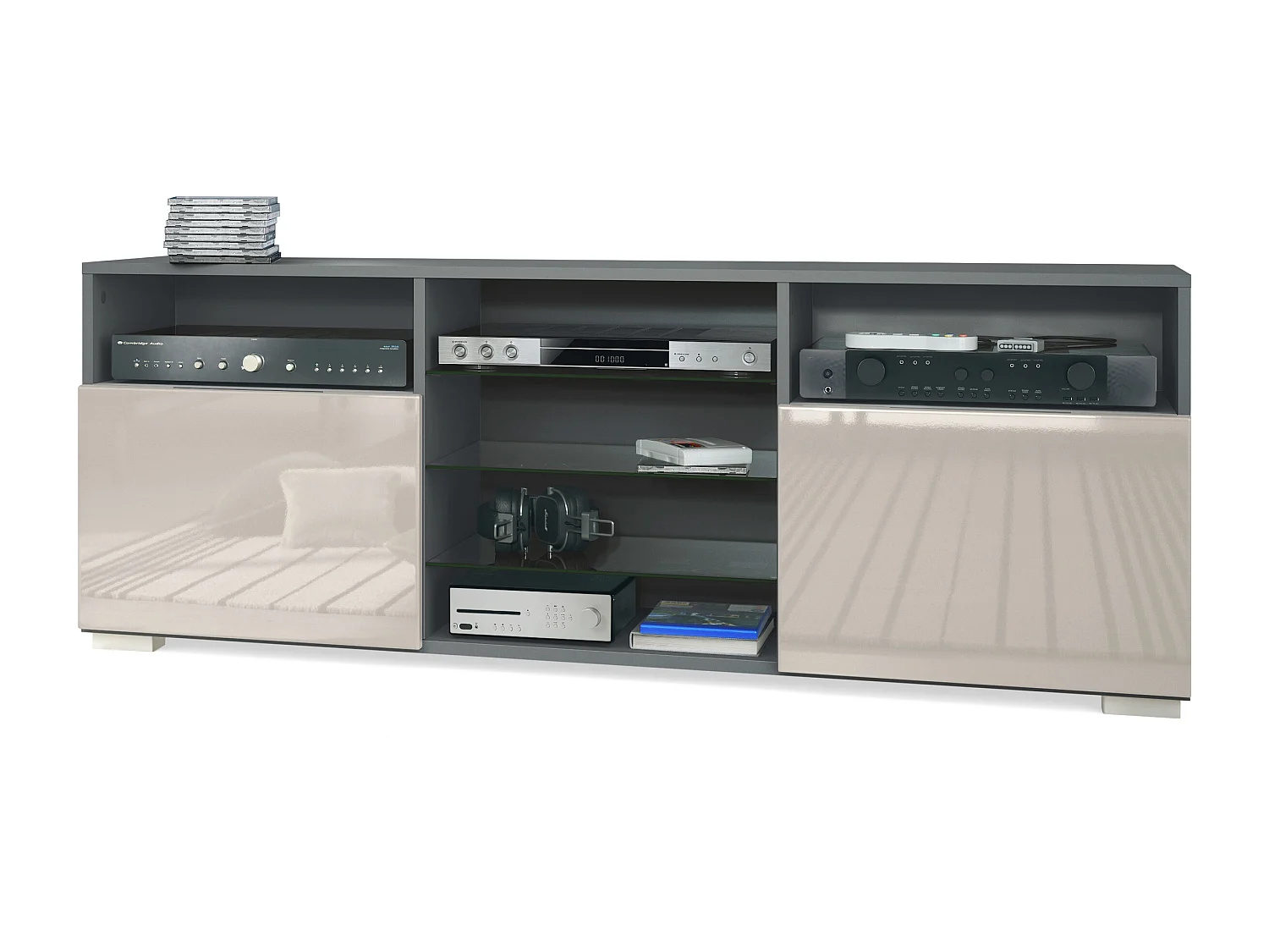 Meuble TV Granada, Lowboard avec 2 portes et 6 compartiments ouverts, corps anthracite mat, façades en gris sable haute brillance (146 x 54 x 35 cm)