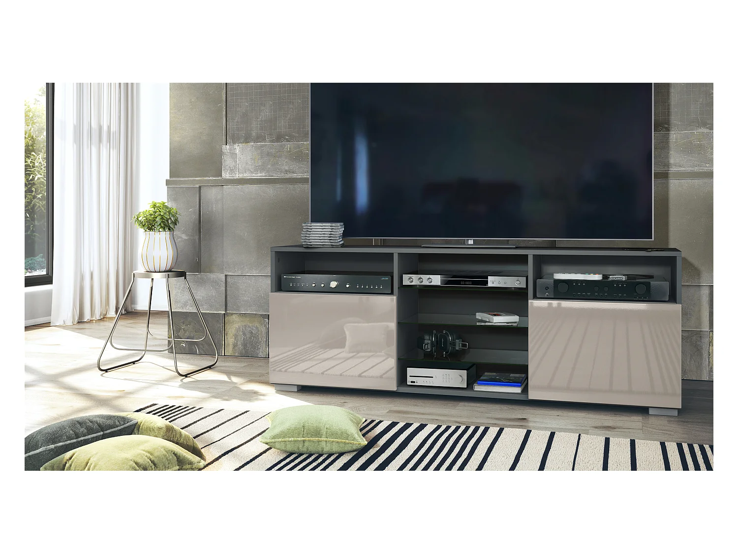 Meuble TV Granada, Lowboard avec 2 portes et 6 compartiments ouverts, corps anthracite mat, façades en gris sable haute brillance (146 x 54 x 35 cm)