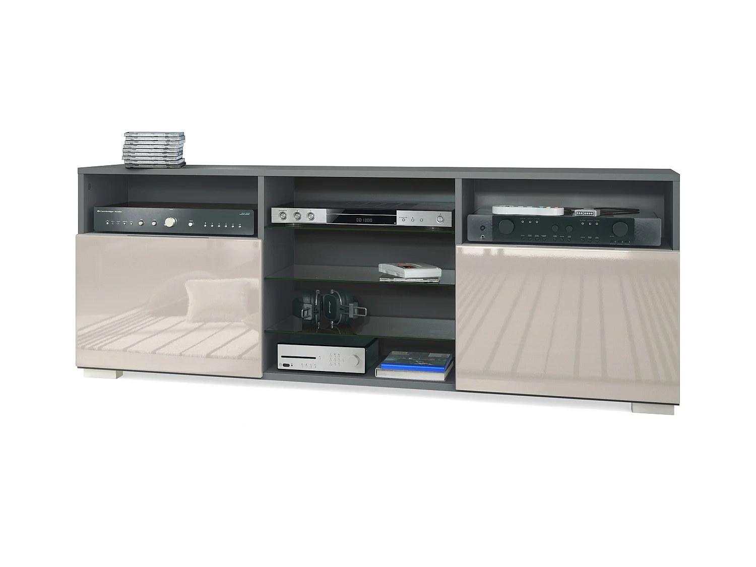Meuble TV Granada, Lowboard avec 2 portes et 6 compartiments ouverts, corps anthracite mat, façades en gris sable haute brillance (146 x 54 x 35 cm)