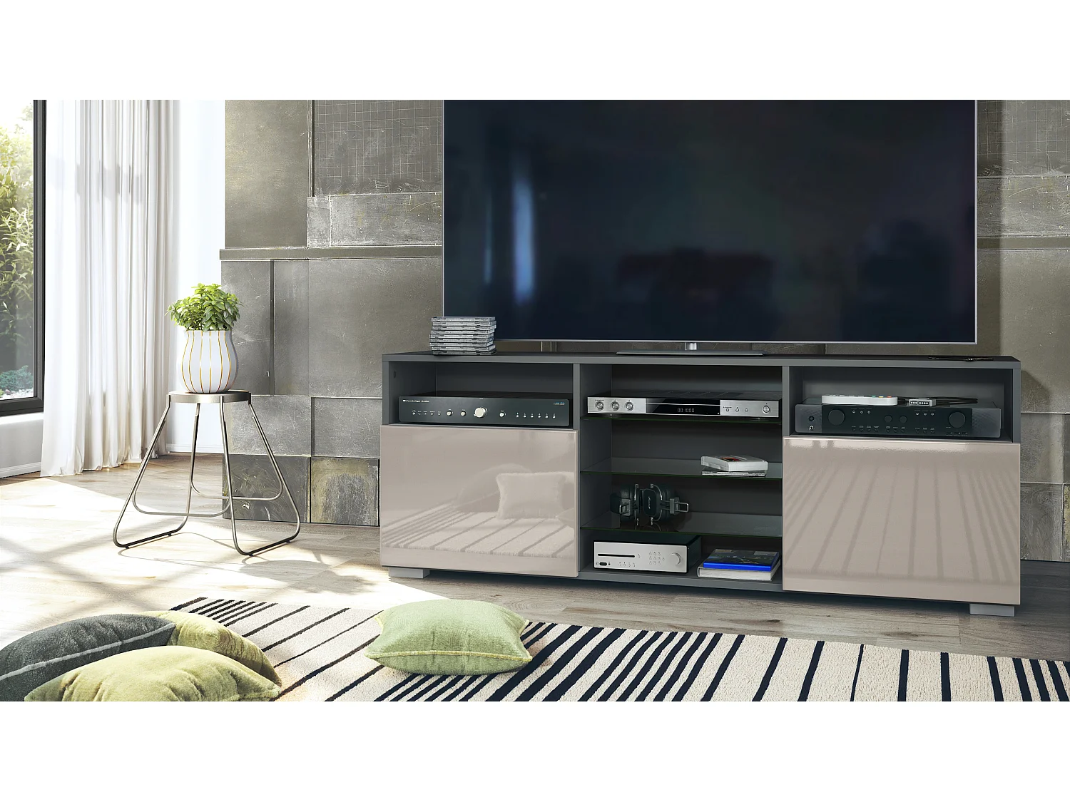 Meuble TV Granada, Lowboard avec 2 portes et 6 compartiments ouverts, corps anthracite mat, façades en gris sable haute brillance (146 x 54 x 35 cm)