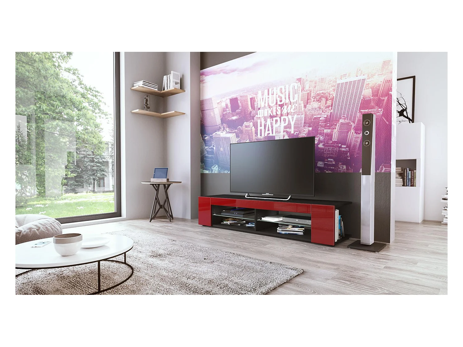 Buffet bas Movie, Meuble TV avec 4 compartiments ouverts et placages décoratifs, Noir mat/Bordeaux haute brillance (134 x 29 x 39 cm)