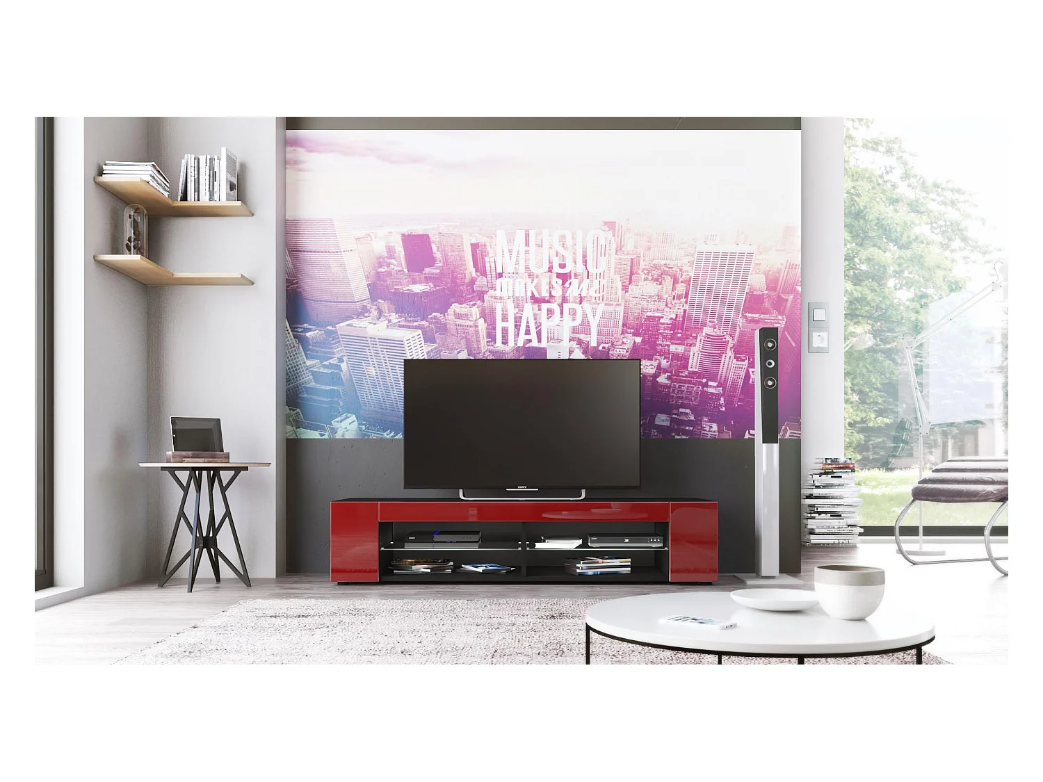 Buffet bas Movie, Meuble TV avec 4 compartiments ouverts et placages décoratifs, Noir mat/Bordeaux haute brillance (134 x 29 x 39 cm)