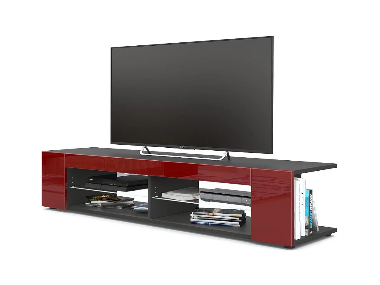 Buffet bas Movie, Meuble TV avec 4 compartiments ouverts et placages décoratifs, Noir mat/Bordeaux haute brillance (134 x 29 x 39 cm)