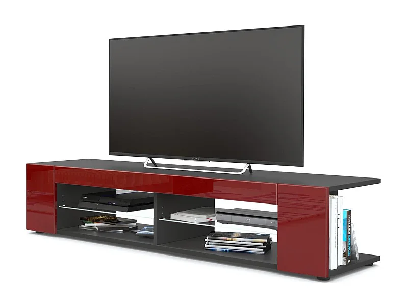 Buffet bas Movie, Meuble TV avec 4 compartiments ouverts et placages décoratifs, Noir mat/Bordeaux haute brillance (134 x 29 x 39 cm)