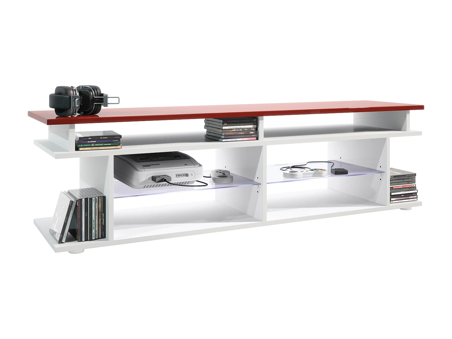 TV Board Movie V3 Game On 138,5 x 39 x 37,5 cm éclairage LED inclus Bleu, caisson en blanc mat, élément supérieur en bordeaux haute brillance