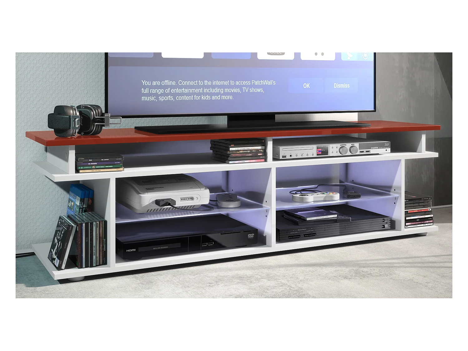 TV Board Movie V3 Game On 138,5 x 39 x 37,5 cm éclairage LED inclus Bleu, caisson en blanc mat, élément supérieur en bordeaux haute brillance