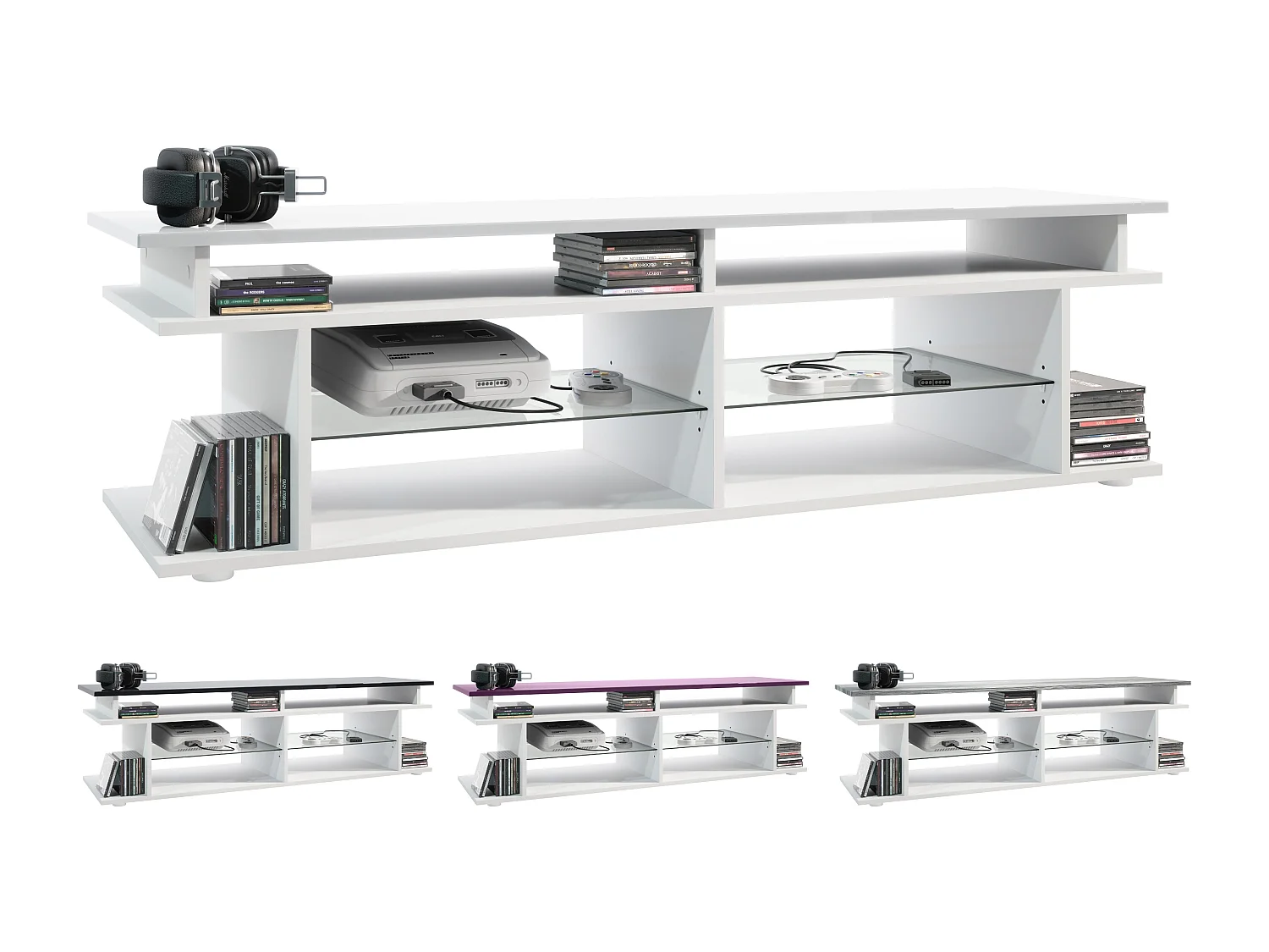 TV Board Movie V3 Game On 138,5 x 39 x 37,5 cm éclairage LED inclus Bleu, caisson en blanc mat, élément supérieur en bordeaux haute brillance