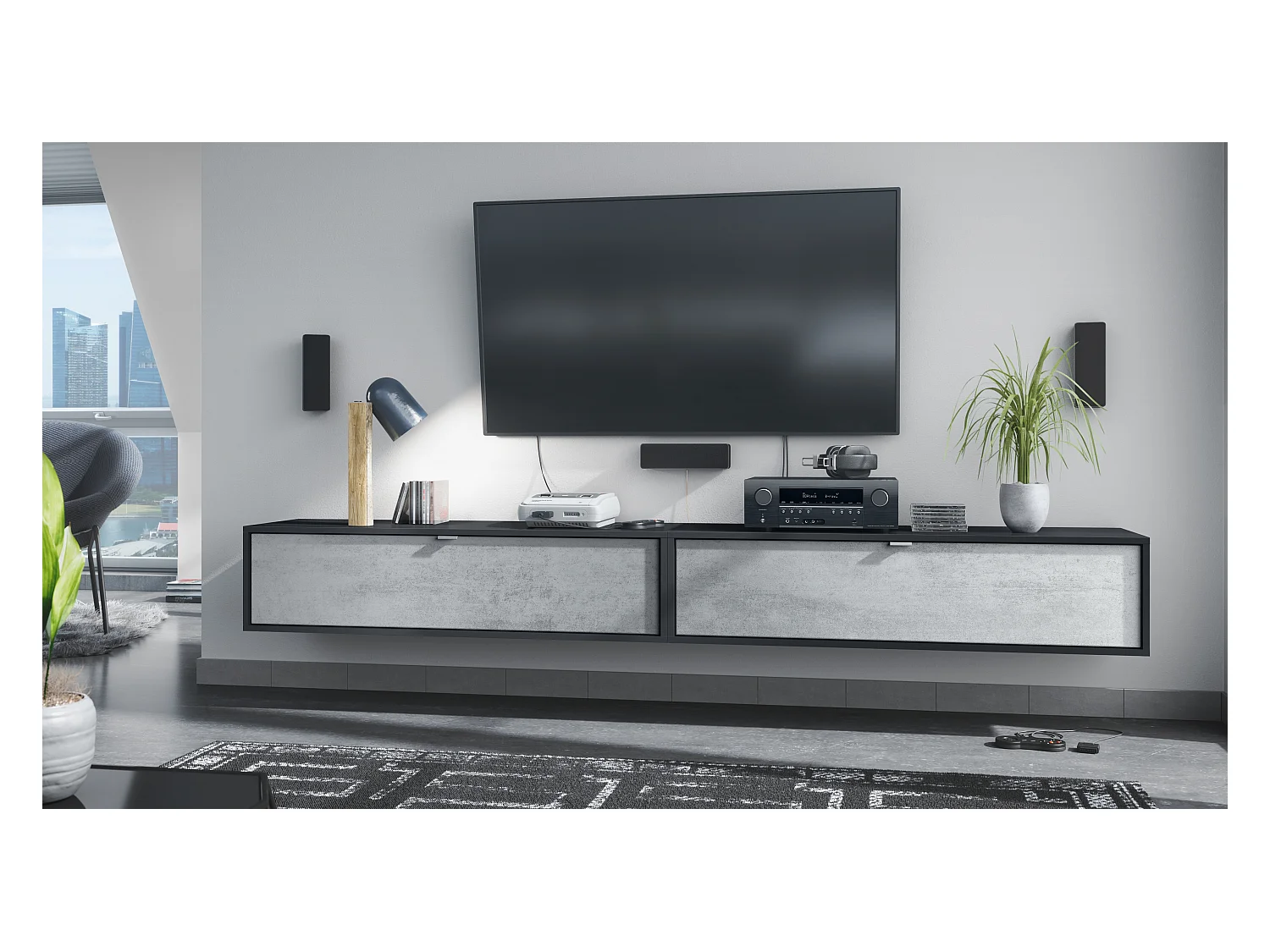 Ensemble de 2 set meuble TV Lana 120, lowboards de 120x29x37 cm chacun avec beaucoup d'espace de rangement, caisson en Noir mat, façades en Aspect Béton Oxyde