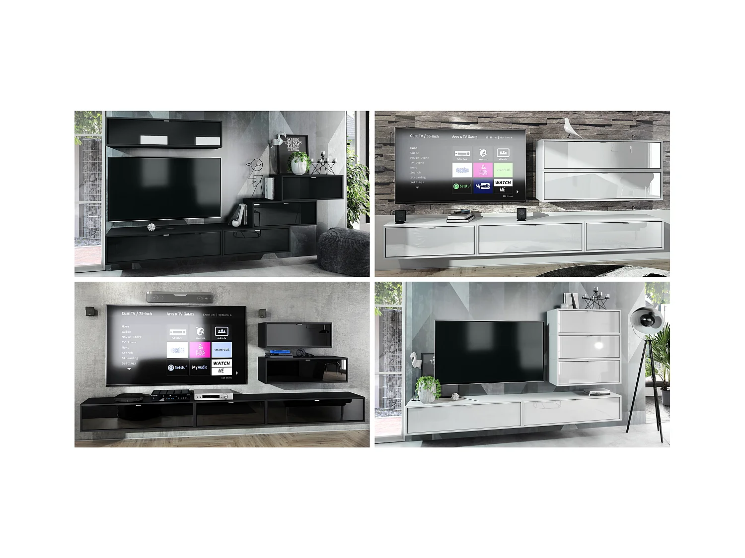 Ensemble de 2 set meuble TV Lana 120, lowboards de 120x29x37 cm chacun avec beaucoup d'espace de rangement, caisson en Noir mat, façades en Aspect Béton Oxyde