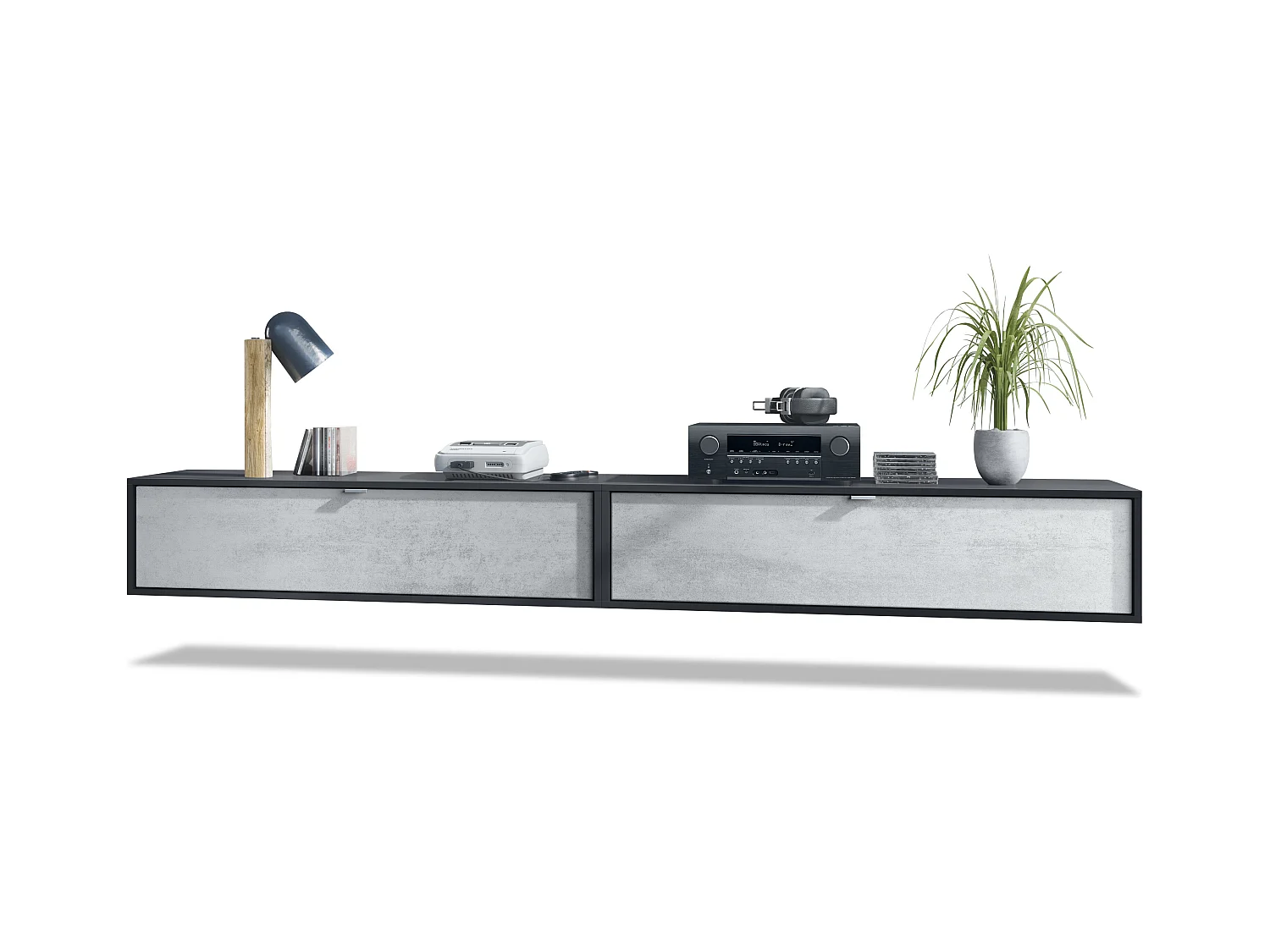 Ensemble de 2 set meuble TV Lana 120, lowboards de 120x29x37 cm chacun avec beaucoup d'espace de rangement, caisson en Noir mat, façades en Aspect Béton Oxyde