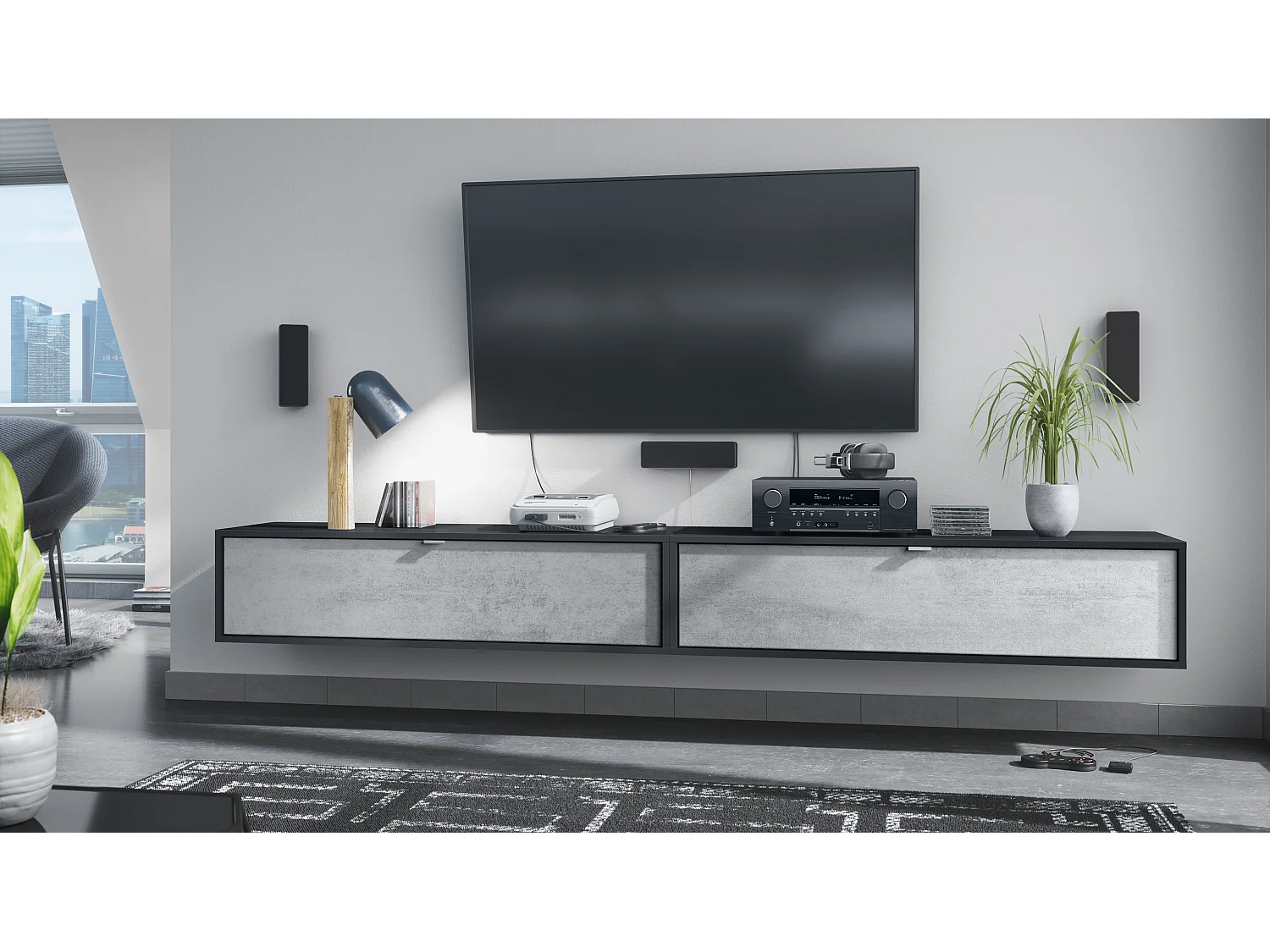 Ensemble de 2 set meuble TV Lana 120, lowboards de 120x29x37 cm chacun avec beaucoup d'espace de rangement, caisson en Noir mat, façades en Aspect Béton Oxyde