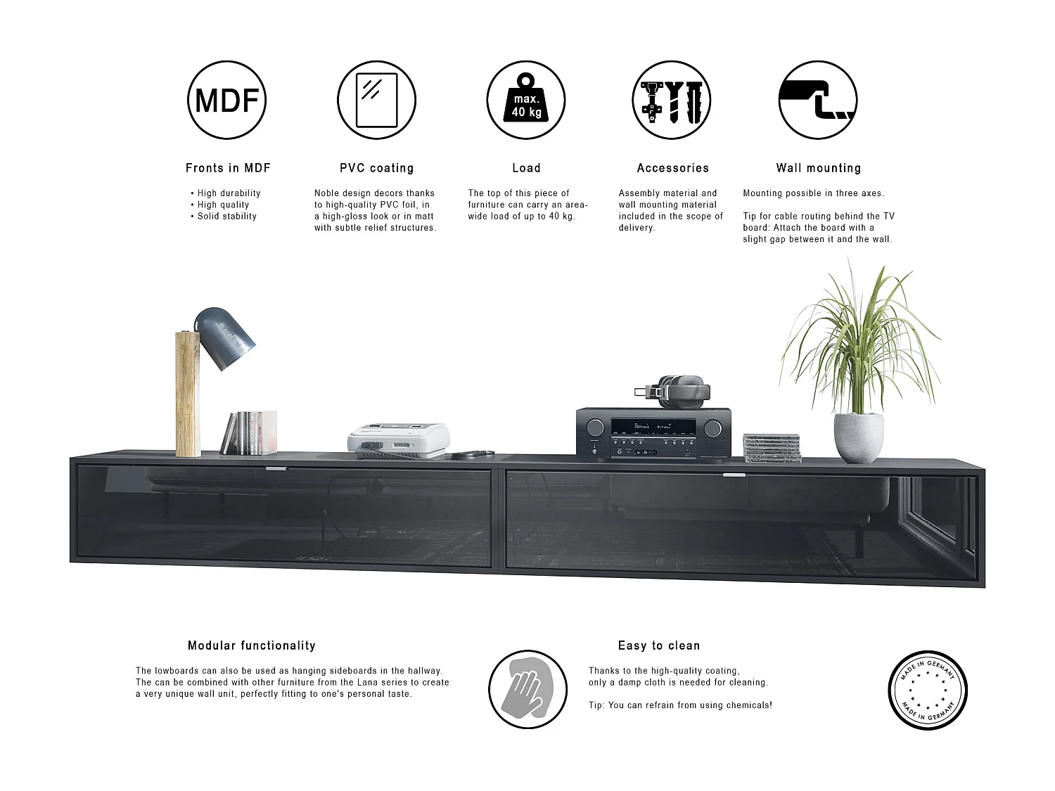 Ensemble de 2 set meuble TV Lana 120, lowboards de 120x29x37 cm chacun avec beaucoup d'espace de rangement, caisson en Noir mat, façades en Aspect Béton Oxyde