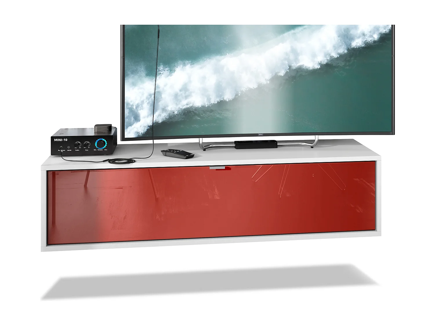 Meuble TV Lana 120 armoire murale lowboard 120 x 29 x 37 cm, caisson en Blanc mat, façades en Bordeaux haute brillance | Grand choix de couleurs