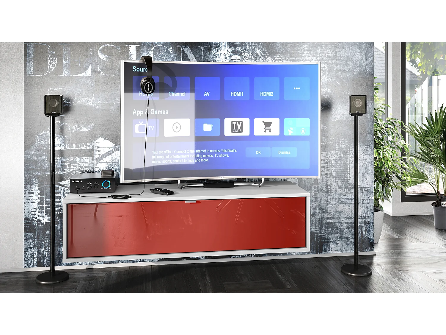 Meuble TV Lana 120 armoire murale lowboard 120 x 29 x 37 cm, caisson en Blanc mat, façades en Bordeaux haute brillance | Grand choix de couleurs