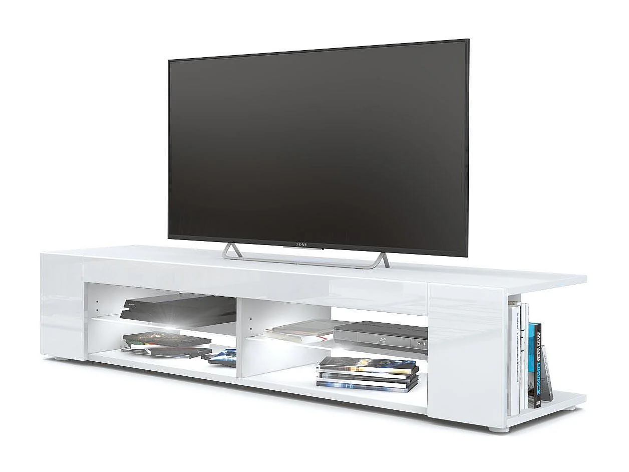 Buffet bas Movie, Meuble TV avec 4 compartiments ouverts et placages décoratifs, Blanc mat/Blanc brillant, éclairage LED blanc inclus (134 x 29 x 39 cm)