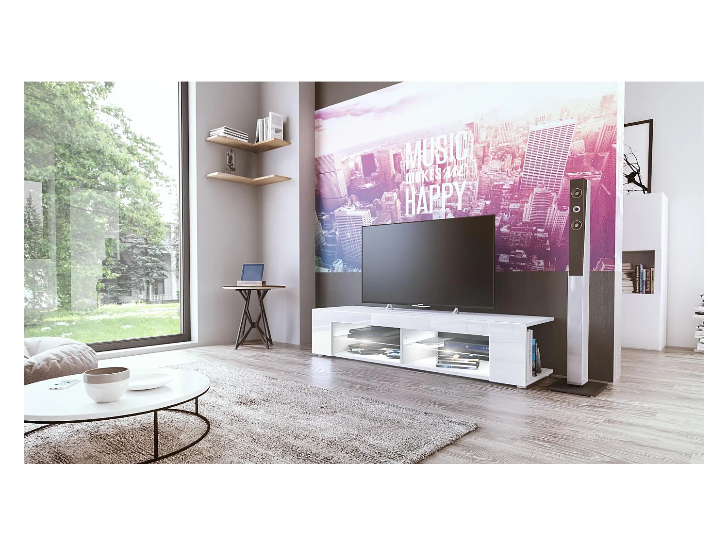 Buffet bas Movie, Meuble TV avec 4 compartiments ouverts et placages décoratifs, Blanc mat/Blanc brillant, éclairage LED blanc inclus (134 x 29 x 39 cm)