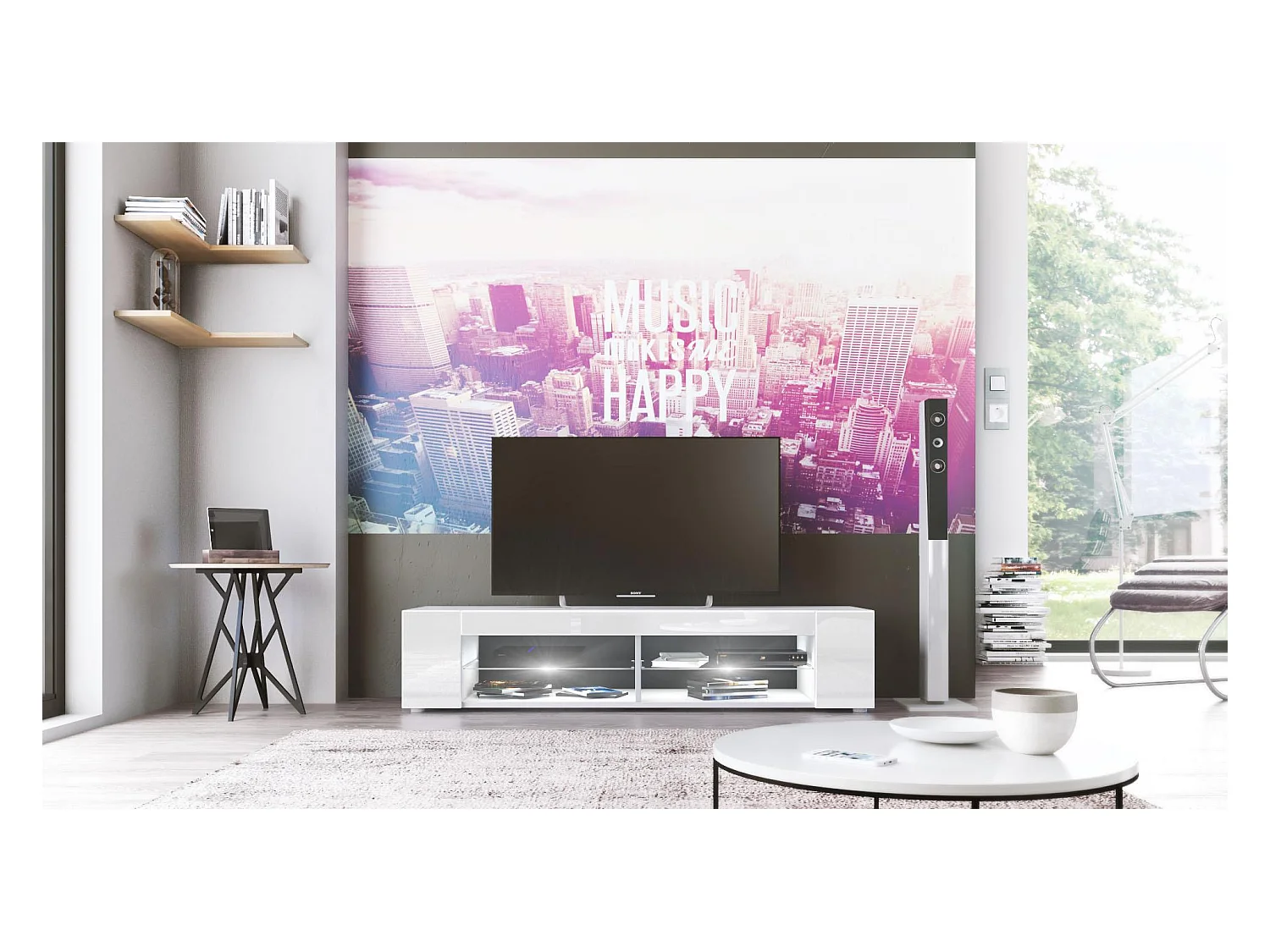 Buffet bas Movie, Meuble TV avec 4 compartiments ouverts et placages décoratifs, Blanc mat/Blanc brillant, éclairage LED blanc inclus (134 x 29 x 39 cm)
