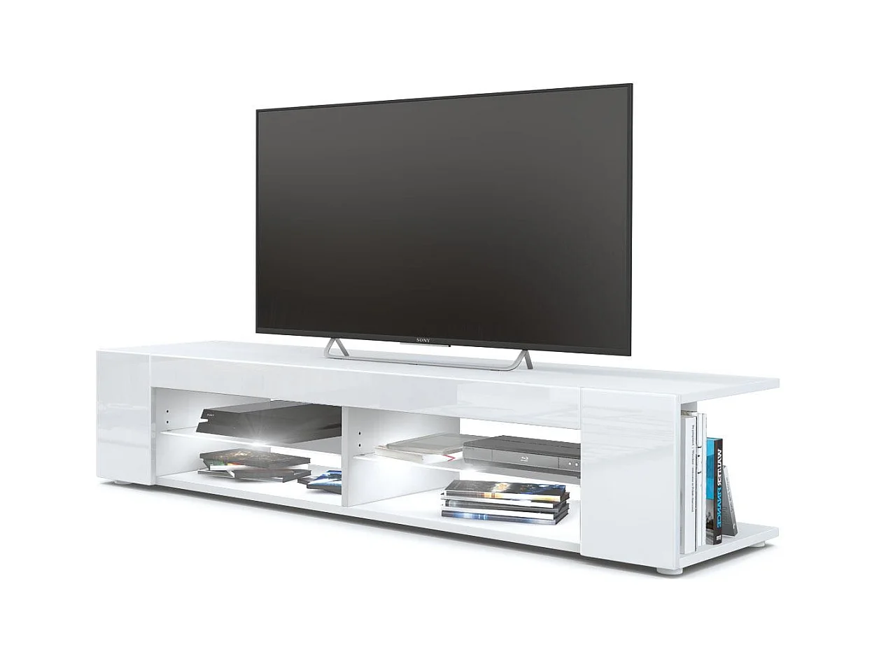 Buffet bas Movie, Meuble TV avec 4 compartiments ouverts et placages décoratifs, Blanc mat/Blanc brillant, éclairage LED blanc inclus (134 x 29 x 39 cm)